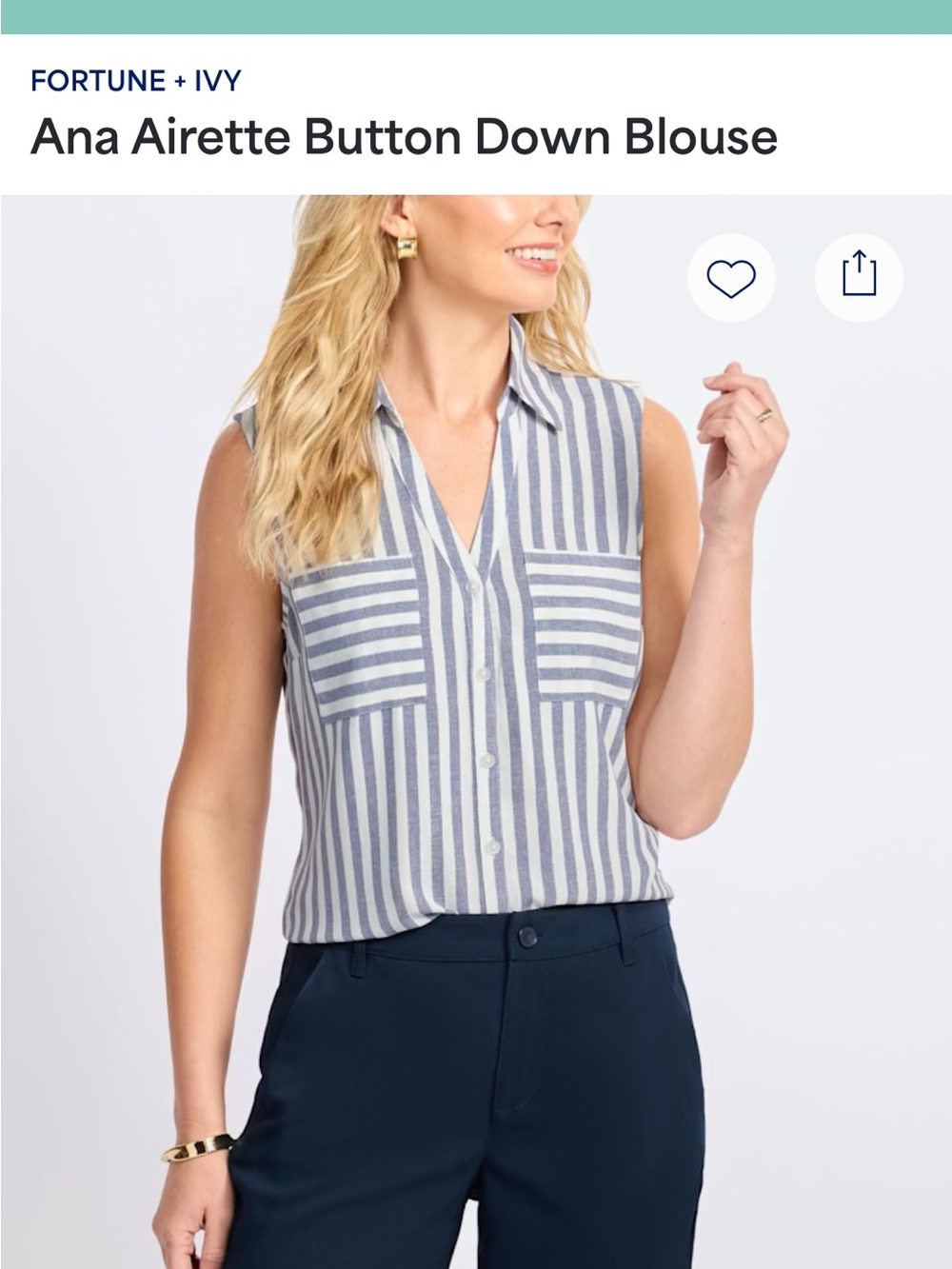 Fortune + Ivy Blue and White Striped Sleeveless Button-Down Blouse
